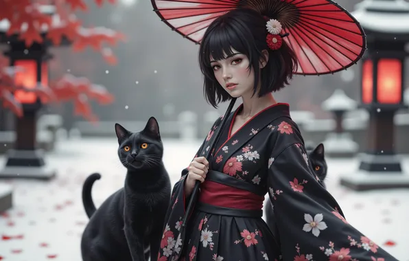 Картинка нейросети, взгляд, зонтик, asian girls, ИИ арт, пушистик, AI Art, asian