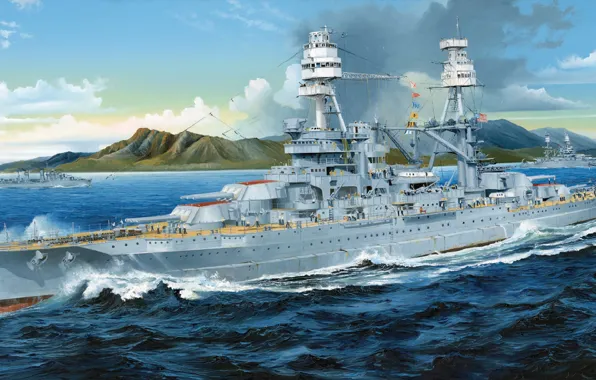 Картинка корабль, арт, флот, Arizona, американский, военный, линкор, USS