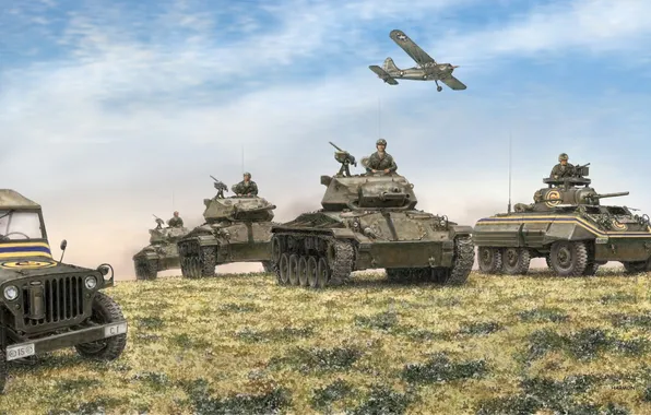 Картинка поле, небо, арт, джип, самолёт, танки, войска, бронеавтомобиль