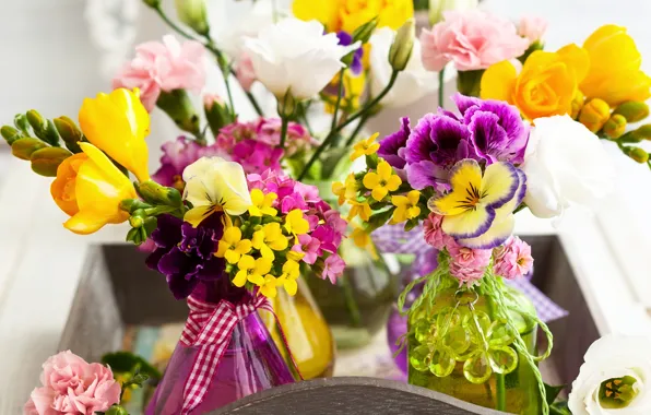 Colorful, beautiful, эустома, фрезия, Bouquets, Freesia, Eustoma