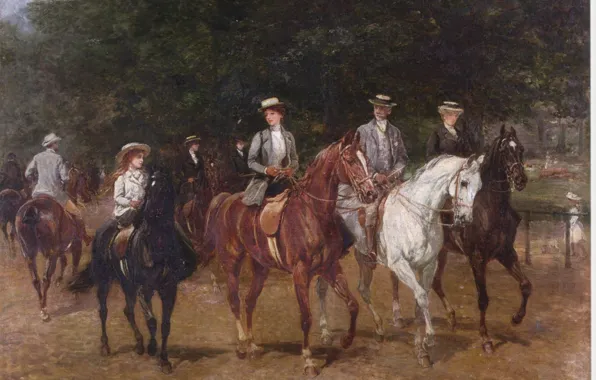 Картинка белый, чёрный, прогулка, коричневый, всадники, девочка на коне, HHardy, езда верхом