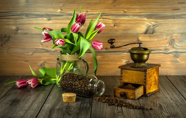 Листья, цветы, доски, кофе, букет, банка, тюльпаны, розовые