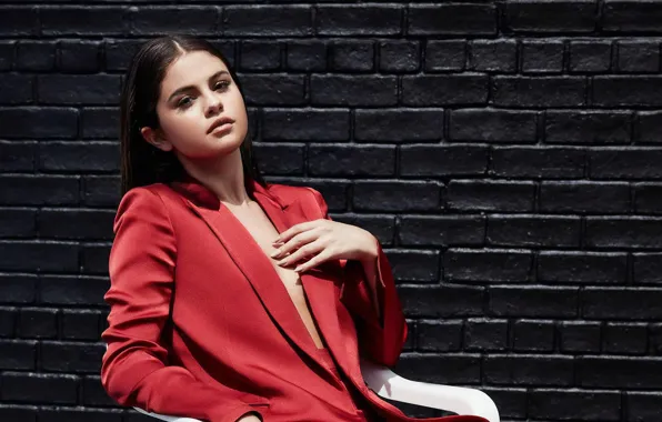 Взгляд, девушка, поза, фото, стена, певица, пиджак, Selena Gomez
