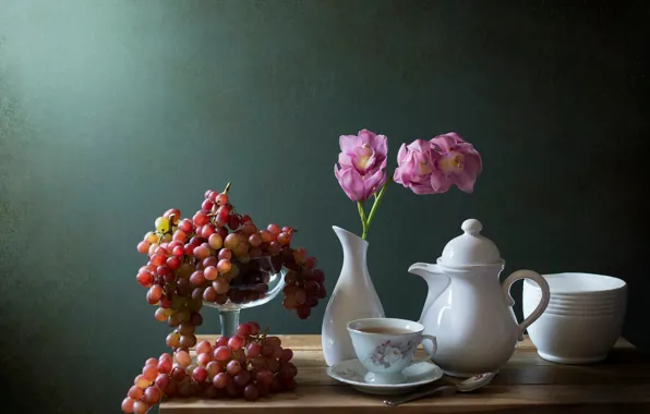 Картинка цветок, ягоды, виноград, посуда, ваза, натюрморт, орхидея, still life