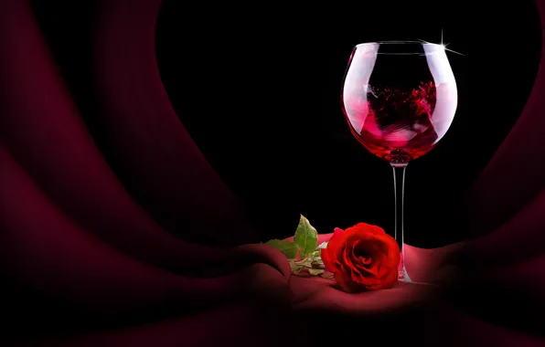 Картинка цветок, вино, бокал, роза, красная