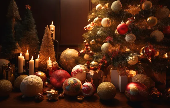 Украшения, комната, шары, елка, Новый Год, Рождество, golden, new year