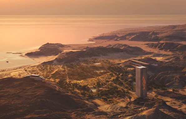 Sea, sunset, mountains, neom, saudi arabia, zardun, oma