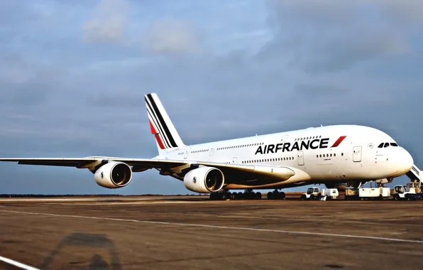 Картинка Самолет, Стоит, Авиация, A380, Airbus, Air France, Авиалайнер, На земле