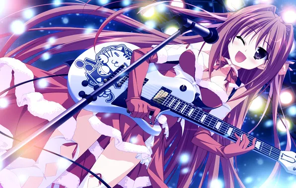 Картинка девушка, снег, гитара, арт, микрофон, колокольчики, подмигивание, natsume otona