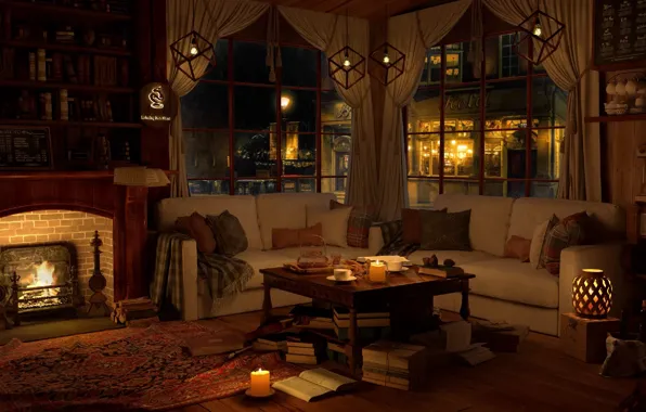 Lights, night, candles, fireplace, books, coffe shop