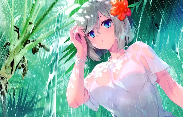 Girl, sexy, rain, nature, boobs, anime, blue eyes, beautiful
