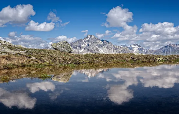 Горы, озеро, отражение, Швейцария, панорама, Switzerland, Engadin, Swiss Alps