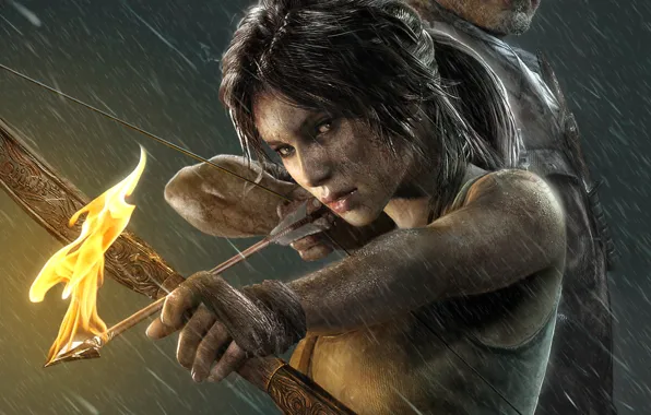 Картинка девушка, дождь, огонь, игра, стрела, Tomb Raider, girl, game
