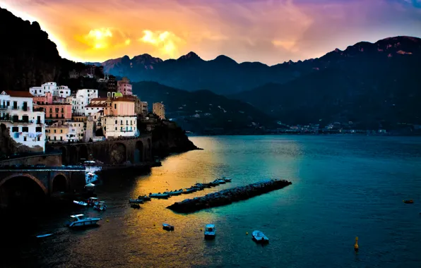 Море, закат, горы, Италия, Amalfi, Italian, Tyrrhenian Sea