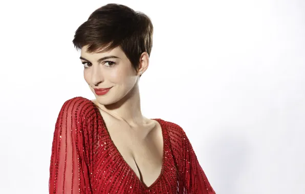 Взгляд, поза, макияж, актриса, певица, с короткой стрижкой, Anne Hathaway, Энн Хэтэуэй