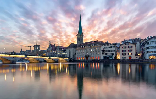 Картинка city, lights, river, sky, Switzerland, bridge, sunset, water
