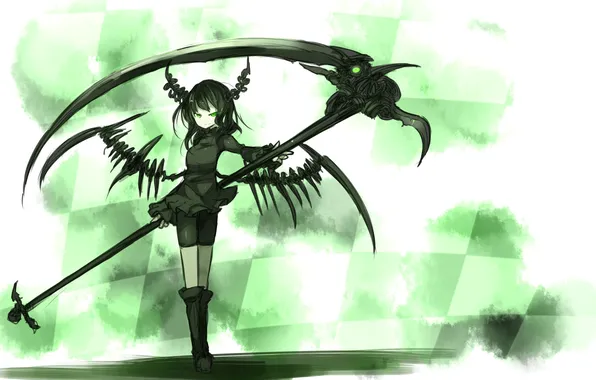 Картинка девушка, оружие, крылья, аниме, арт, рога, коса, black rock shooter