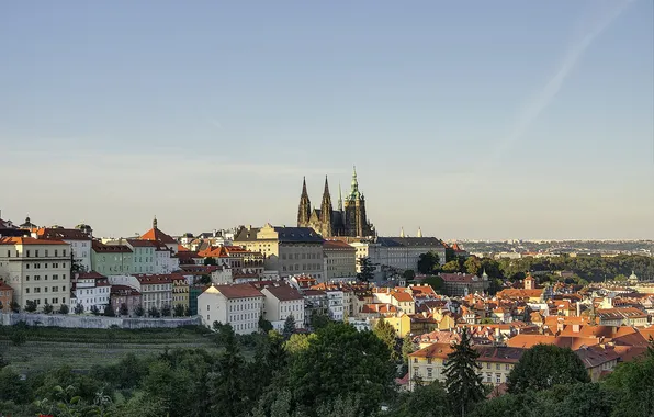 Картинка небо, дома, Прага, Чехия, панорама, собор Святого Вита, Пражский град