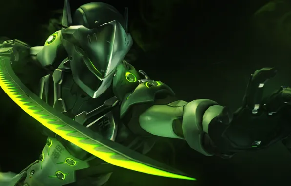 Рендеринг, меч, маска, ninja, Overwatch, Genji, genji shimada
