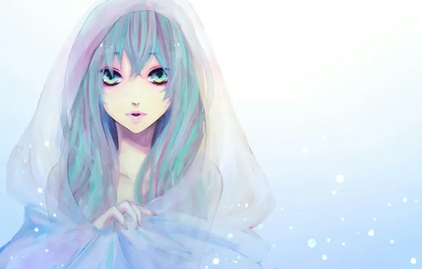 Картинка девушка, снег, лицо, рисунок, капюшон, vocaloid, hatsune miku, вокалоид