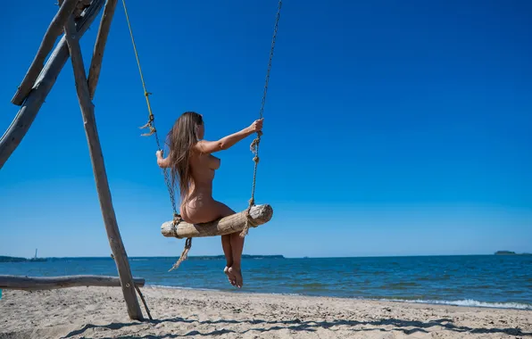 Песок, море, пляж, попа, грудь, солнце, секси, поза