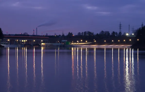 Вода, Вечер, Река, Фонари