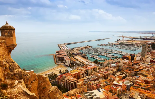 Город, вид, дома, яхты, Испания, Spain, Alicante