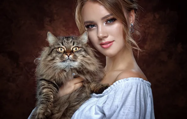 Кот, взгляд, девушка, лицо, фон, портрет, пушистый, Вячеслав Цуркан