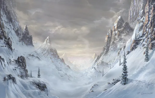 Картинка зима, лес, снег, деревья, пейзаж, горы, природа, скалы