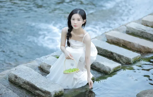 Beautiful, Asian, Model, Woman, River, Pretty, Stones, Outdoor