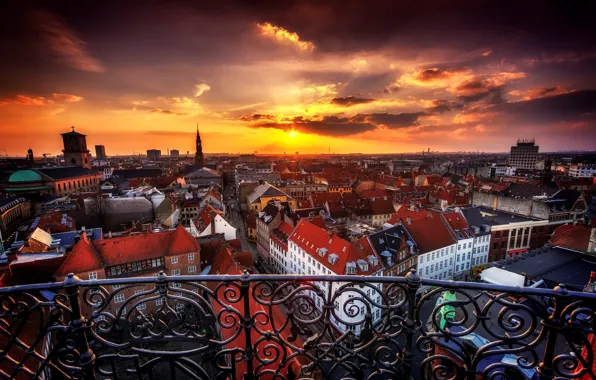 Картинка закат, город, здания, дома, вечер, Дания, панорама, Copenhagen