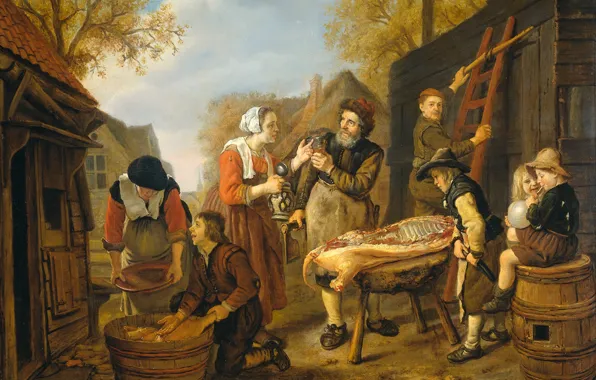 Люди, картина, двор, жанровая, Ян Викторс, Сельская Сцена с Разделкой Свиной Туши