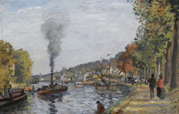 Картинка река, дым, корабль, рыбак, пароход, Camille Pissarro, Сена в Буживале, Камиль Писсарро