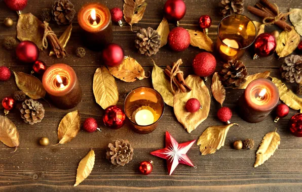 Листья, шарики, палочки, свечи, Новый Год, Рождество, красные, корица
