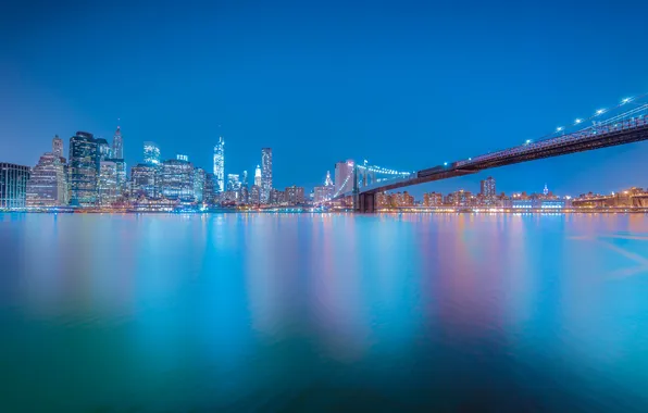 Небо, огни, река, небоскреб, дома, Нью-Йорк, США, Бруклинский мост