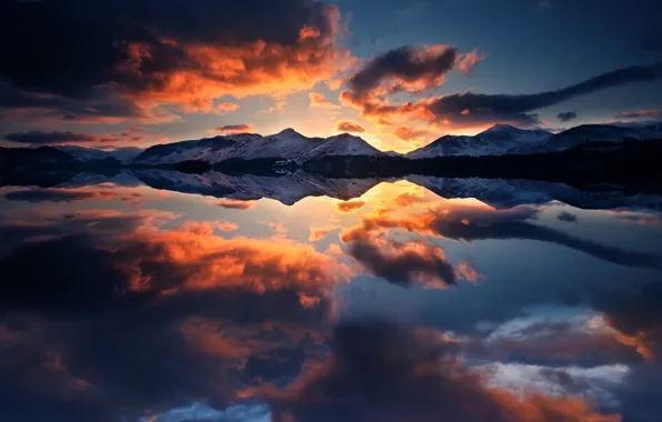 Картинка небо, облака, отражения, горы, озеро