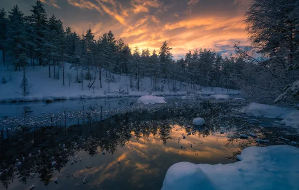 Картинка зима, лес, снег, деревья, закат, река, Норвегия, Norway