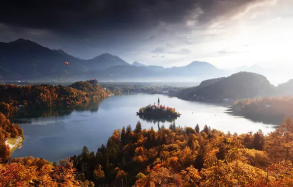 Осень, пейзаж, природа, островок, Словения, Бледское озеро, Блед, Сергей Заливин