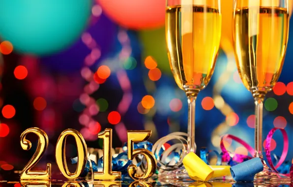 Новый год, бокалы, шампанское, серпантин, 2015