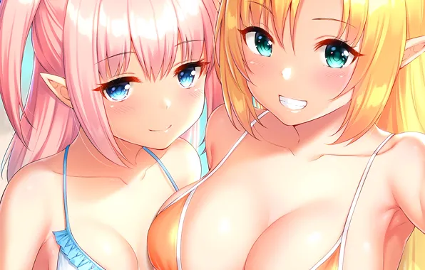 Sexy, cleavage, pink hair, green eyes, long hair, girls, boobs, anime