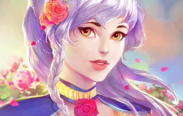 Картинка девушка, цветы, лицо, волосы, розы, Арт