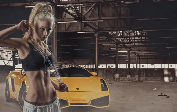 Lamborghini, Girl, Gallardo, Bra, Yellow, View, Supercar, Swag