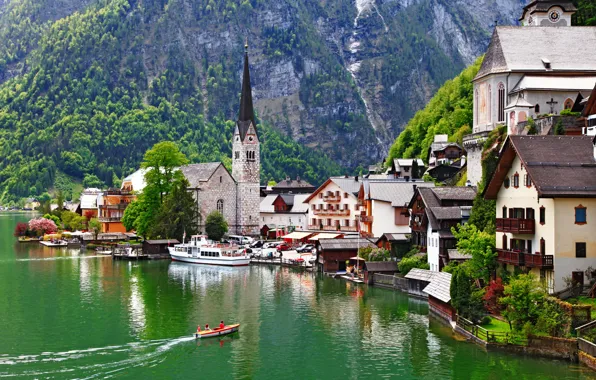Картинка пейзаж, горы, природа, озеро, здания, дома, лодки, Австрия