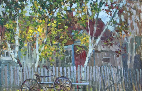 Картинка деревья, велосипед, дом, забор, графика, весна, лавочка, Живопись