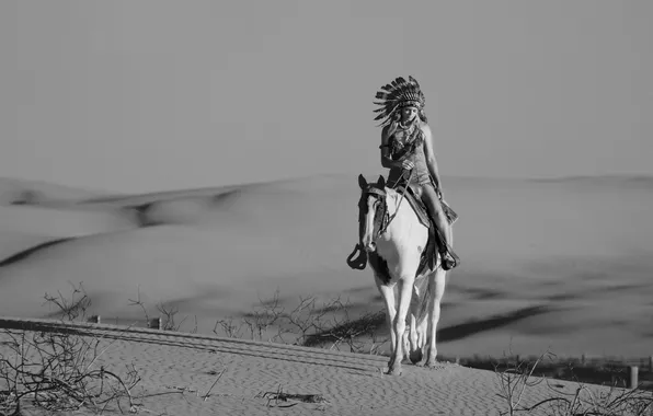 Песок, девушка, конь, пустыня, лошадь, головной убор
