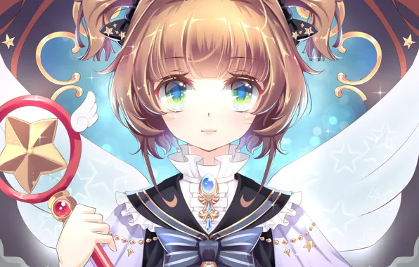 Взгляд, крылья, ангел, девочка, жезл, Card Captor Sakura, Сакура - собирательница карт