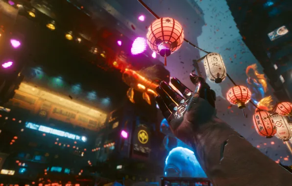 Ночь, Шарики, Праздник, Фейерверк, Cyberpunk 2077, Фестиваль, Night city 2077, Импланты