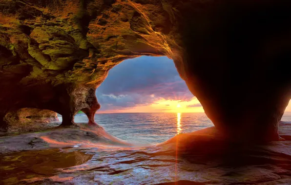 Картинка USA, landscape, nature, sunset, lake, sun, horizon, cave