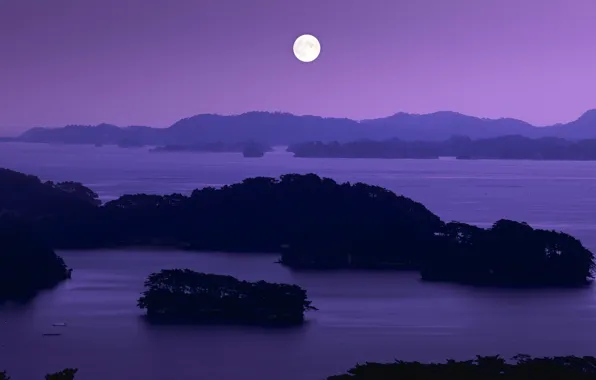 Картинка ночь, луна, Япония, префектура Мияги, Matsushima Bay
