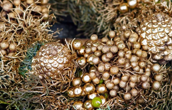 Праздник, Рождество, Новый год, позолота, шишки, ёлочные игрушки